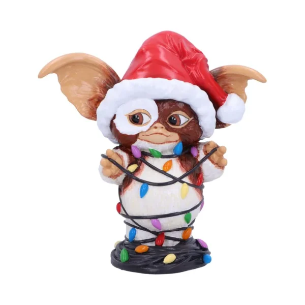 Gizmo Christmas Figurine Resin Collectible - Santa Hat Lights Gizmo figurine in Santa hat wrapped in colorful Christmas lights, festive holiday decoration The-Hidden-Hatch