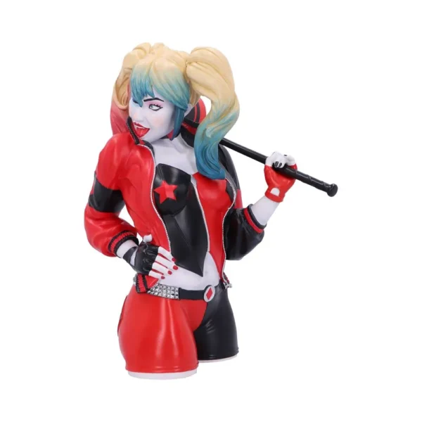 A detailed Harley Quinn figurine holding a baseball bat, wearing red and black outfit with pigtails.