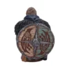 Viking Warrior Figurine Resin Brown Blue Shield With Ravens Viking warrior figurine with wooden shield featuring Norse raven carvings and detailed fur cloak.