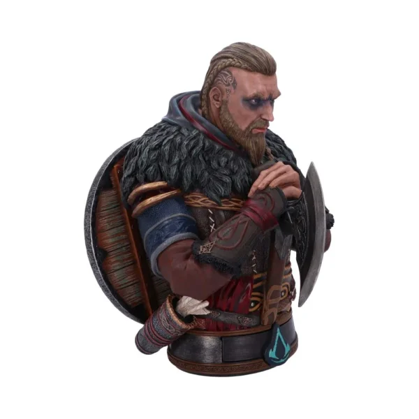 Viking Warrior Bust Sculpture Resin Bronze Finish - Axe and Shield A detailed Viking warrior bust sculpture with braided hair, fur armor, axe, and shield.