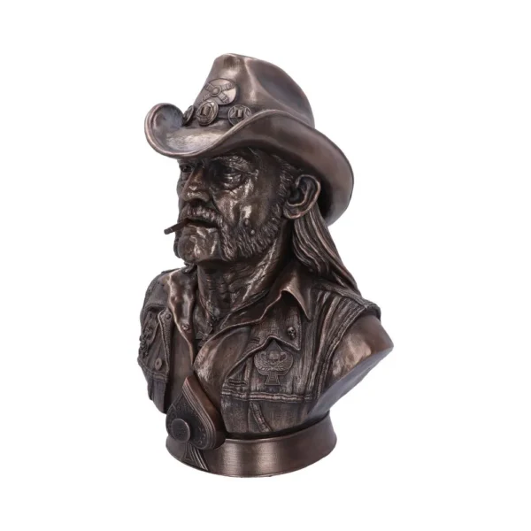 Bronze bust of Lemmy Kilmister wearing a cowboy hat and vest with Ace of Spades emblem.
