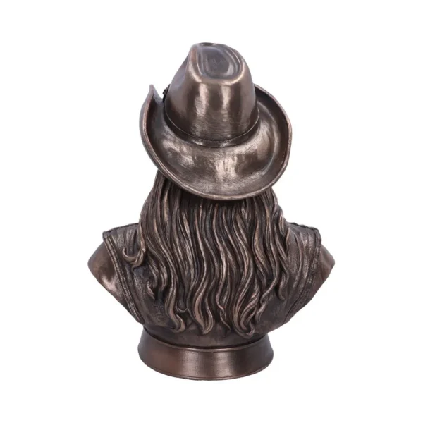 Bronze cowboy bust sculpture with detailed wavy hair and wide-brimmed hat on circular base.