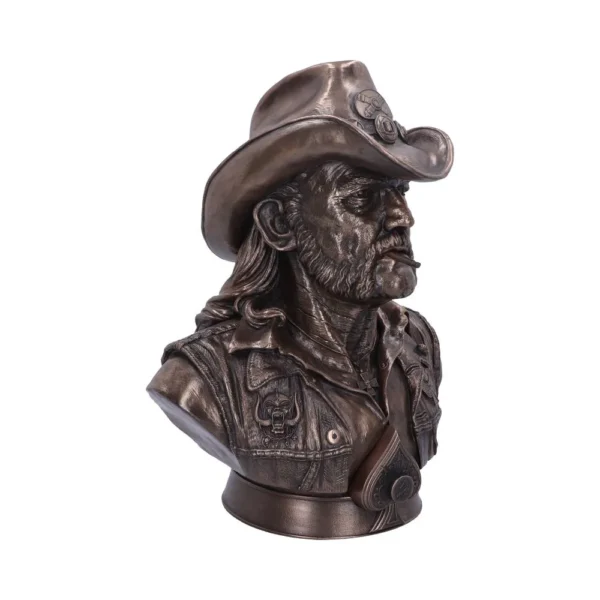 Motörhead Cowboy Bust Sculpture - Bronze Rock Icon Tribute Bronze bust sculpture of a bearded man in a cowboy hat with a Motörhead emblem vest.