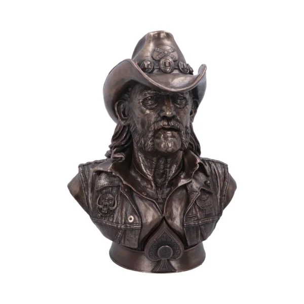 Lemmy Kilmister Bronze Bust Sculpture - Cowboy Hat Detail Bronze bust sculpture of Lemmy Kilmister wearing a detailed cowboy hat and leather vest.