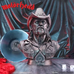 A metallic bust of Motorhead Lemmy Kilmister with Motörhead logo, vinyl record, and dice display.