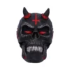 Demonic Skull Mask Resin Black - Red Eyes and Silver Teeth A black demonic skull mask with red glowing eyes, horns, and metallic silver teeth.