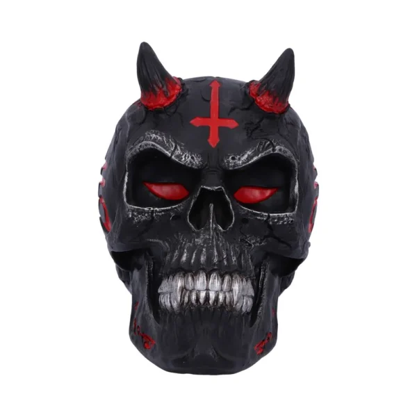 A black demonic skull mask with red glowing eyes, horns, and metallic silver teeth.