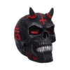 A black demonic skull with red glowing eyes, horns, and metallic silver teeth.