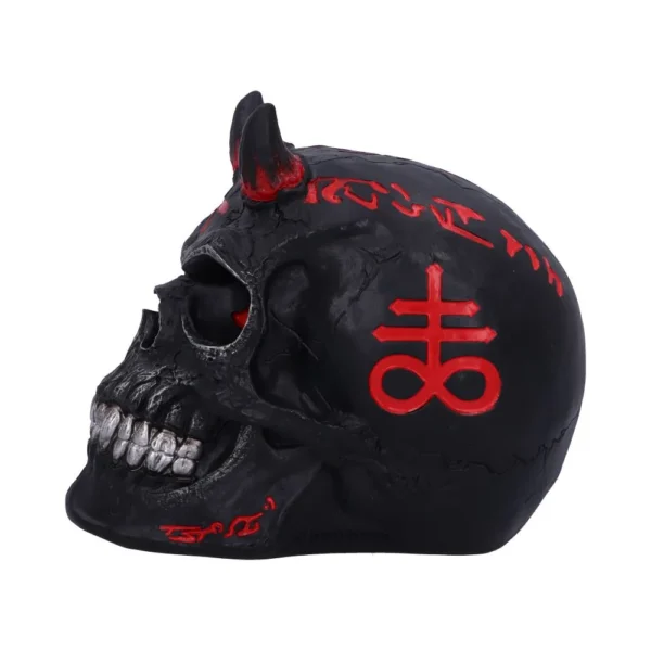 A black demonic skull with red horns and glowing red occult markings.