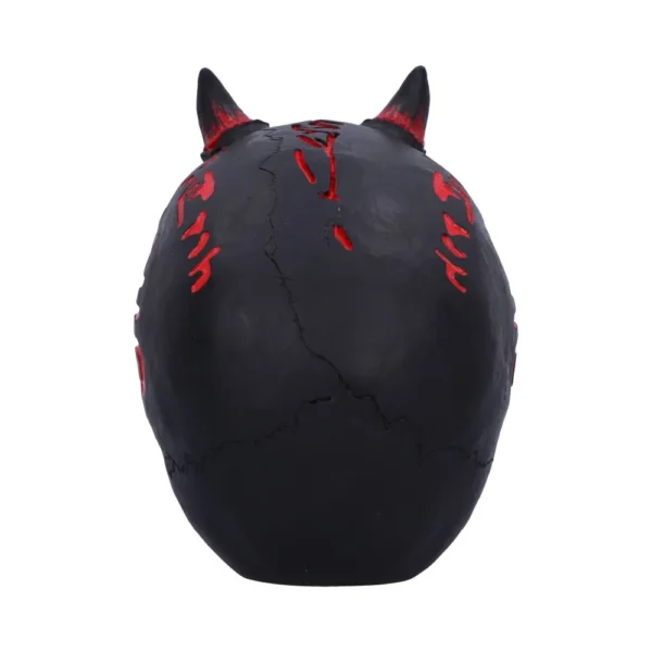 Demon Horn Mask Sculpture - Black Matte With Red Carved Marks Black demon mask with short red-tipped horns and red carved markings on the back.