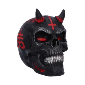 Demonic Skull Sculpture Resin Black - Red Eyes And Silver Teeth A black demonic skull with red glowing eyes, horns, and metallic silver teeth.