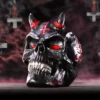 Demonic Skull Sculpture Black Gloss Finish - Red Horns & Eyes Black demonic skull with red glowing eyes, horns, and inverted cross in red mist background.