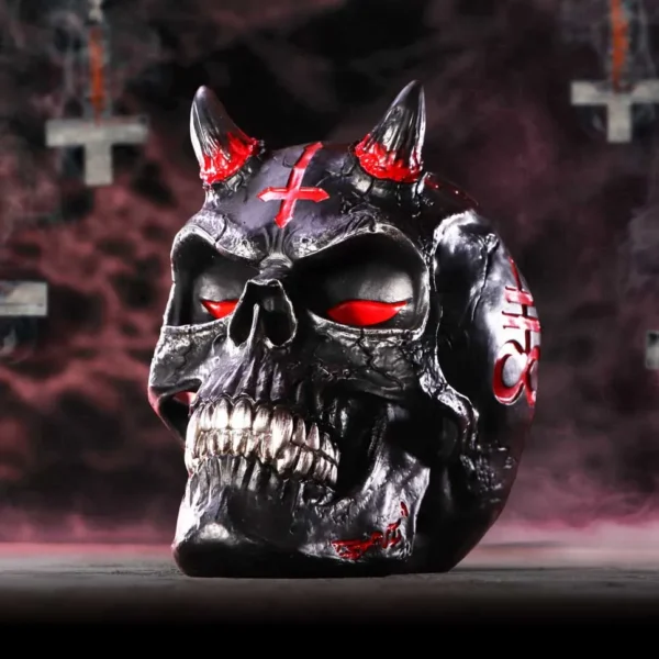 Demonic Skull Sculpture Black Gloss Finish - Red Horns & Eyes Black demonic skull with red glowing eyes, horns, and inverted cross in red mist background.