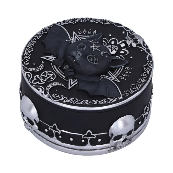 Gothic Cat Trinket Box Resin Black - Pentagram And Silver Skulls A black gothic trinket box featuring a winged cat with a pentagram and silver skull details.