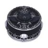 Gothic Cat Trinket Box - Black Silver Bat Wings Pentagram A gothic black and silver circular box featuring a bat-winged cat with a pentagram and skulls.