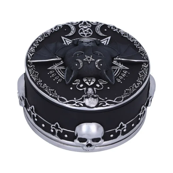 Gothic Bat Trinket Box Resin Black Silver With Skull Design Gothic black and silver trinket box with sculpted bat, skull details, and ornate occult symbols.