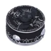 Gothic Jewelry Box Matte Black With Silver Bat And Pentagram A black gothic jewelry box with a silver bat, pentagram, and ornate skull designs.