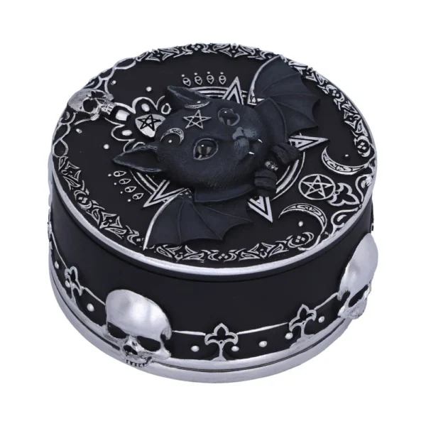Gothic Jewelry Box Matte Black With Silver Bat And Pentagram A black gothic jewelry box with a silver bat, pentagram, and ornate skull designs.