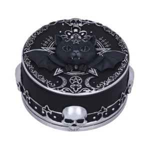 Gothic Cat Trinket Box - Black Silver Bat Wings Pentagram A gothic black and silver circular box featuring a bat-winged cat with a pentagram and skulls.
