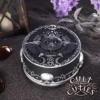 Black Cat Trinket Box Resin Gothic Style with Bat Wings A black gothic cat trinket box with bat wings, silver details, and a candlelit background.