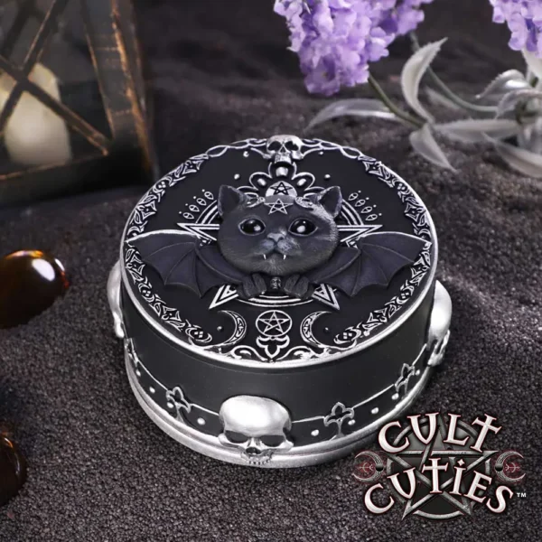 Black Cat Trinket Box Resin Gothic Style with Bat Wings A black gothic cat trinket box with bat wings, silver details, and a candlelit background.