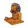 Skeletal Egyptian Pharaoh Sphinx Statue Sandstone Gold Tear A skeletal Egyptian pharaoh sphinx statue with gold‑blue headdress and golden tear on sandstone base.