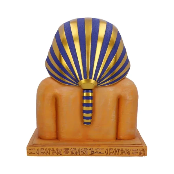 King Tut Pharaoh Statue Resin Sculpture - Blue and Gold Headdress Back view of King Tut statue with blue and gold striped headdress and hieroglyphic base.