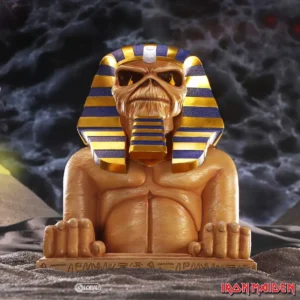 Iron Maiden Egyptian Sphinx Statue - Golden Undead Pharaoh Iron Maiden Eddie Egyptian pharaoh sphinx statue under dark stormy sky with Iron Maiden logo.