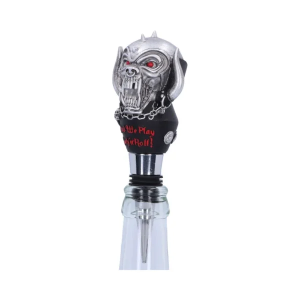 Metal demon-head bottle stopper with red eyes and chain details, inspired by Motörhead. The-Hidden-Hatch