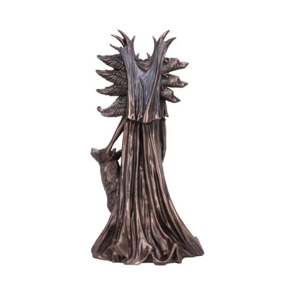 A bronze robed statue with multiple wolf heads, wings, and a smaller wolf at its base.