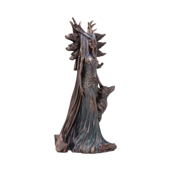 Hekate Goddess Bronze Statue - Mystical Figure With Wolf Bronze statue of the Greek goddess Hekate with a wolf companion and ornate headdress.