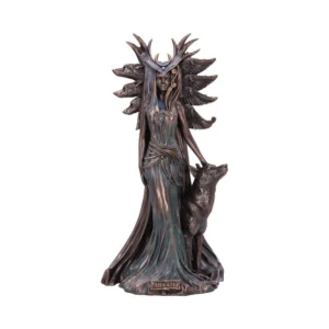 Hecate Bronze Goddess Statue - Copper Finish With Wolf Companion Bronze statue of Greek goddess Hecate standing with a loyal wolf companion.