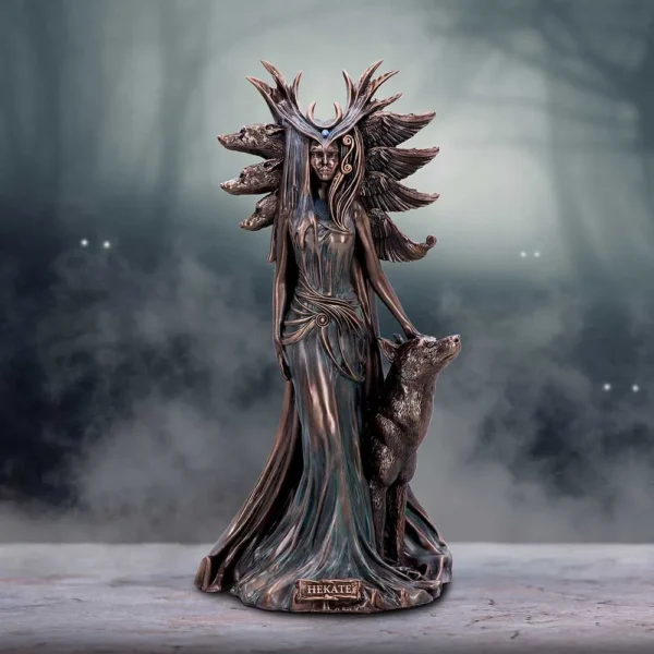 Hecate Goddess Statue Bronze Sculpture - Mystic Forest Hound Bronze statue of Hecate with loyal hound in a misty forest background.
