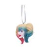 Harley Quinn Ornament Resin Figure - Pink Blue Hair Wink Harley Quinn winking face ornament with pink and blue pigtails hanging from a silver ribbon.