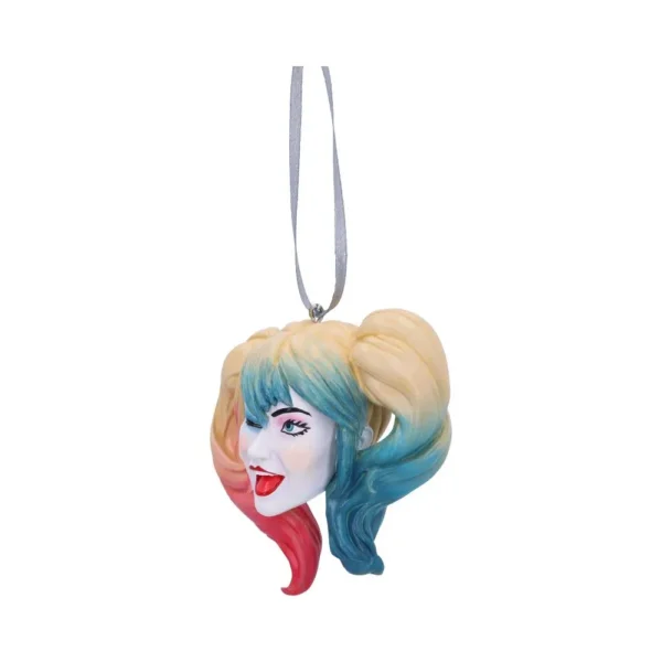 Harley Quinn winking face ornament with pink and blue pigtails hanging from a silver ribbon.