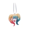 Harley Quinn head ornament with pink and blue pigtails hanging from a silver ribbon