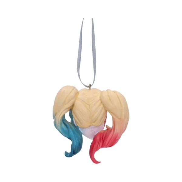 Blonde pigtail ornament with blue and pink tips inspired by Harley Quinn’s hairstyle.
