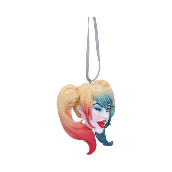 Harley Quinn Head Ornament Glass Decor - Red and Blue Pigtails Harley Quinn head ornament with red and blue pigtails and a silver hanging ribbon.