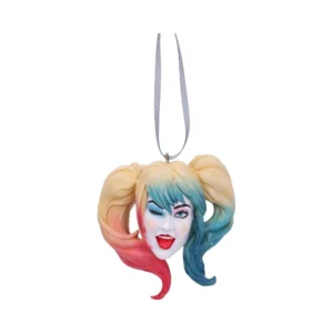 Harley Quinn Head Ornament Resin Design - Pink Blue Pigtails Harley Quinn head ornament with pink and blue pigtails hanging from a silver ribbon