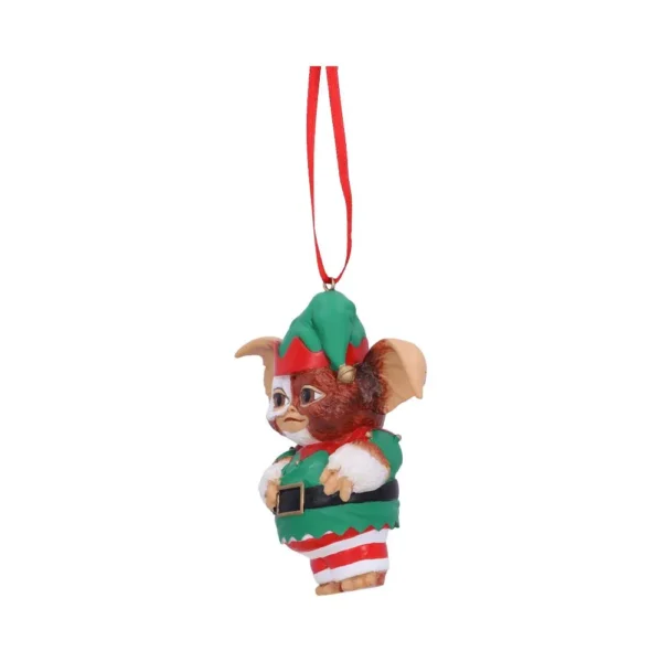 Festive Gizmo Christmas ornament dressed as an elf hanging by a red ribbon. The-Hidden-Hatch