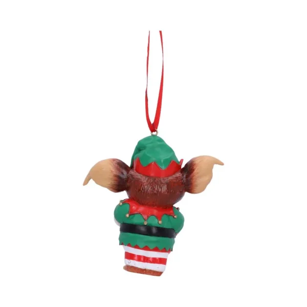 Christmas Gizmo ornament in elf costume with red ribbon hanger on white background The-Hidden-Hatch