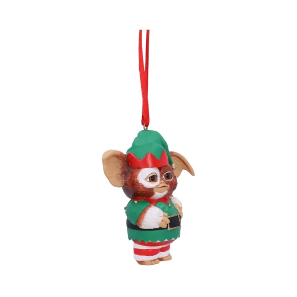 Gizmo Elf Christmas Ornament Figurine - Green Red Festive Design Gizmo Christmas ornament wearing green elf outfit with red ribbon and striped pants The-Hidden-Hatch