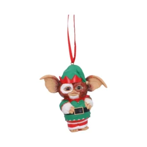 Gizmo Christmas Elf Ornament Resin Figurine - Red Green Outfit Gizmo Christmas elf ornament with red ribbon hanging on tree branch The-Hidden-Hatch
