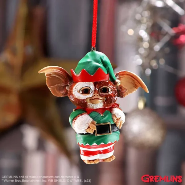 Gizmo Christmas Elf Ornament Resin Figurine - Green Red Outfit Gizmo Christmas elf ornament with festive outfit hanging on a decorated tree The-Hidden-Hatch