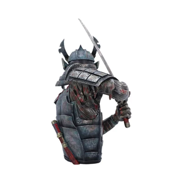 Detailed sculpture of a samurai warrior in armor raising a sword, symbolizing strength and discipline.