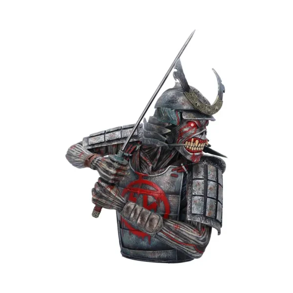 Undead Samurai Warrior Bust Sculpture - Dark Steel Armor Undead samurai warrior bust sculpture with skeletal face, raised katana, and battle-worn armor.