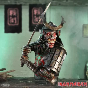 Iron Maiden Eddie Samurai Bust Statue - Dark Armor Red Eyes Iron Maiden Senjutsu Bust Iron Maiden Eddie samurai warrior bust in battle armor with glowing red eyes and katana.