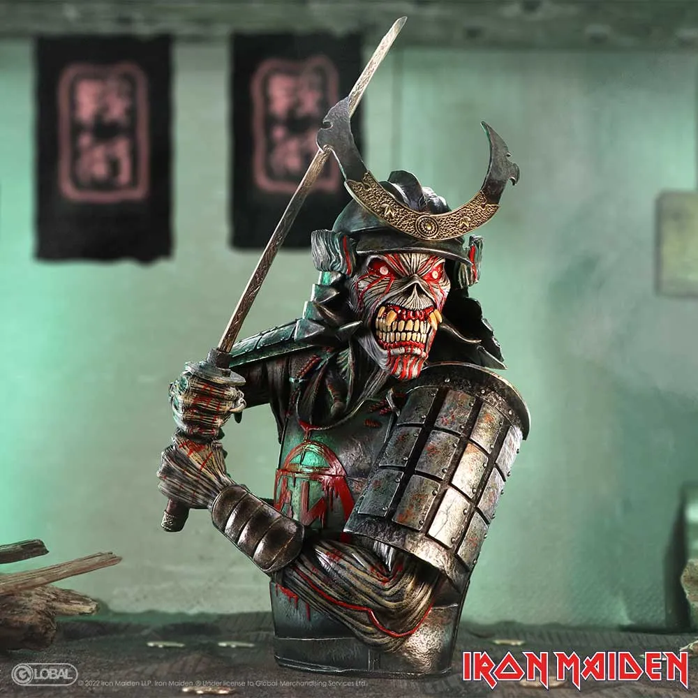 Iron Maiden Eddie Samurai Bust Statue - Dark Armor Red Eyes Iron Maiden Senjutsu Bust Iron Maiden Eddie samurai warrior bust in battle armor with glowing red eyes and katana.