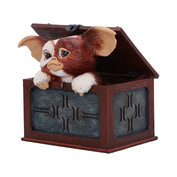 Gizmo Mogwai Figurine Resin Brown Rustic Box - Collectible Charm Gizmo Mogwai figurine peeking from a rustic wooden and metal box collectible The-Hidden-Hatch