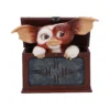 Gizmo Mogwai Collectible Figurine Brown Wooden Box - Carved Panel Gizmo figurine peeking from a wooden box with carved metal panel details The-Hidden-Hatch